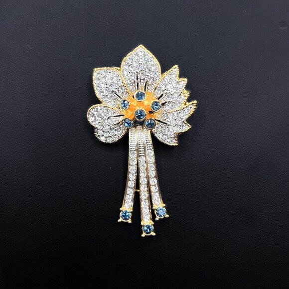 Vintage Flower Brooch Faux Blue Sapphire and Swarovski 18K Elec. Designer Signed - Picture 2 of 9